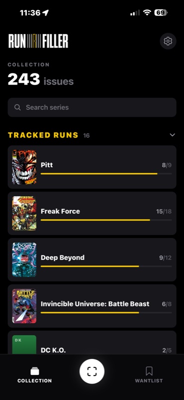 RunFiller app — your tracked comic runs with progress